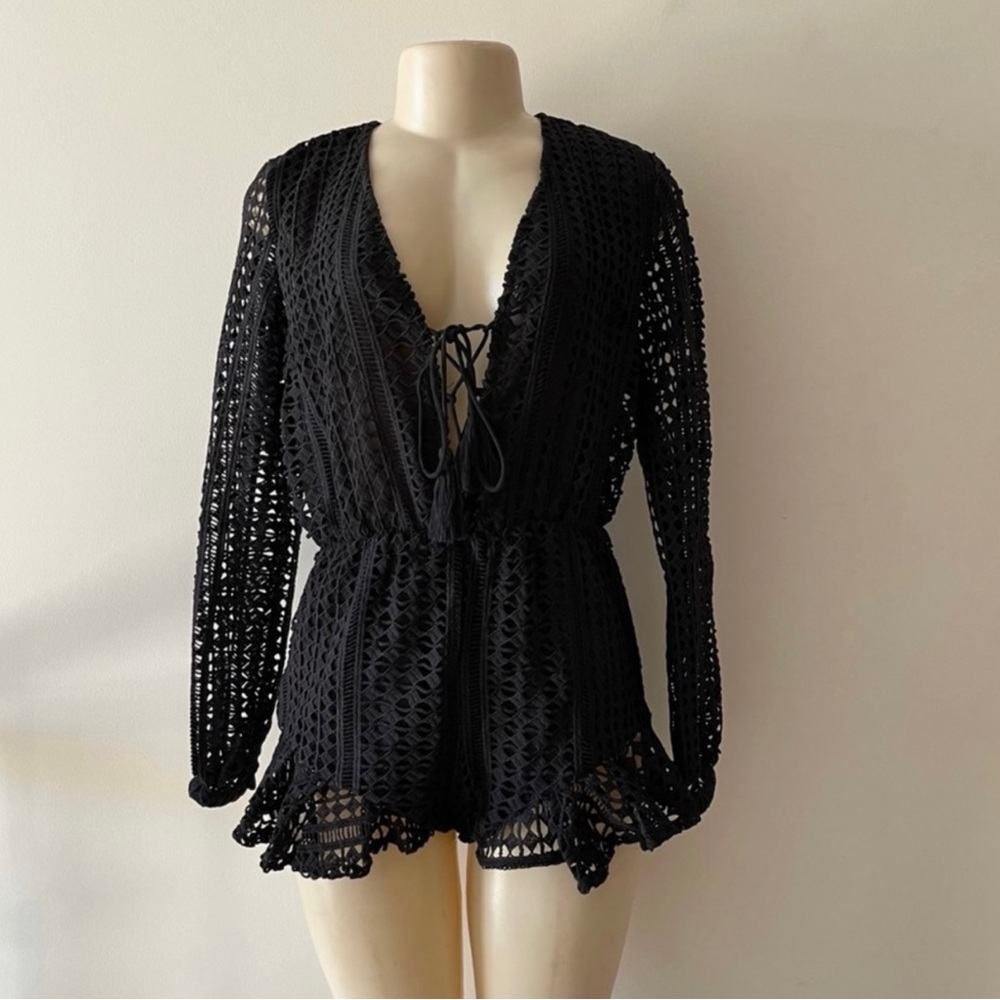 Women’s Black Eyelets Olivaceous Long Sleeve Lace-up Romper